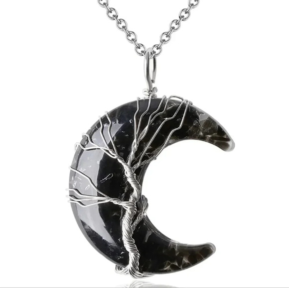 Black Healing Crystal Necklace Tree Life Wire Wrapped Crescent Moon - Picture 1 of 2